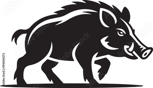 Black silhouette of a wild boar walking forward with tusks and spiky mane animal