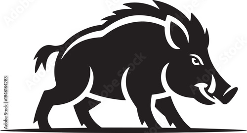 Black silhouette of a wild boar with sharp tusks and bristly mane in a dynamic pose