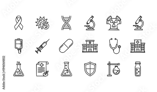 Black outline oncology icon set with cancer ribbon tumor DNA therapy treatment and medical research symbols