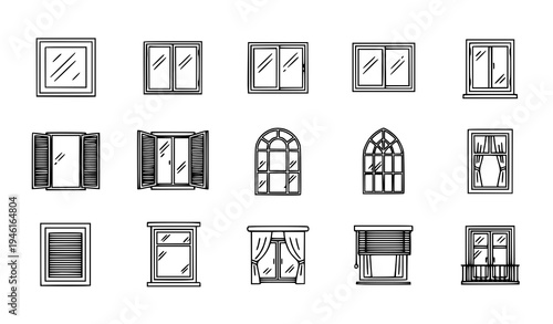 Window outline icon set with open sliding balcony and house window symbols modern line vector collection