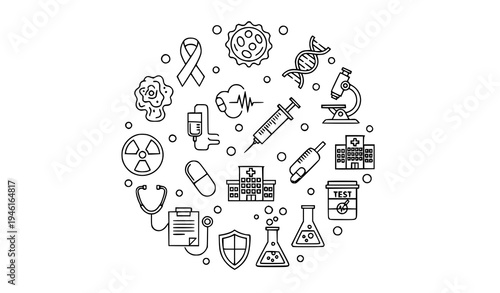 Modern oncology outline icon collection with cancer ribbon DNA microscope chemotherapy and healthcare symbols