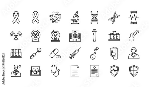 Oncology line icon set with cancer ribbon tumor DNA microscope chemotherapy and medical treatment outline symbols