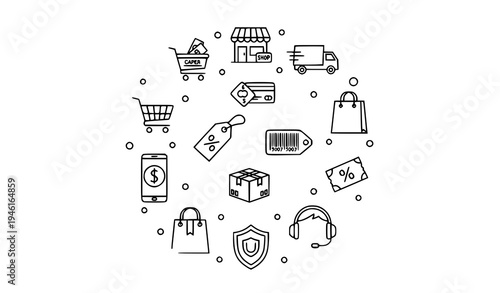 Modern ecommerce outline icon collection with cart payment delivery package and shopping symbols