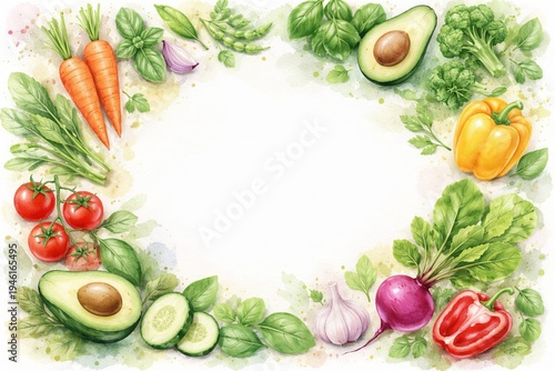 Watercolor illustration of vegetables forming a border as a frame. Background with healthy food and blank copy space