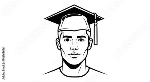 Young man in graduation cap black and white line art illustration.
