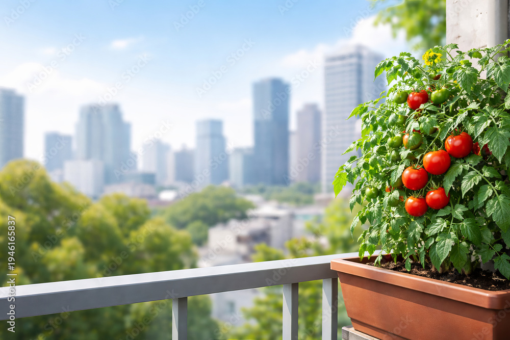 Obraz premium Tomato plant in pot on balcony overlooking city. Home gardening in urban apartment for sustainable living. Fresh vegetable growing on terrace with skyline background. Organic food production concept