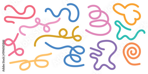 Colorful doodle scribble and squiggle set. Abstract hand drawn wavy lines and spiral elements for digital planners and social media.