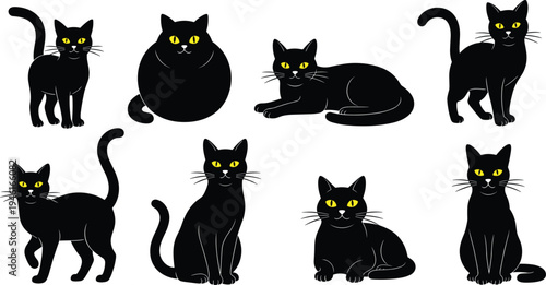 Collection of eight black cat silhouettes with yellow eyes in various poses including sitting lying and walking isolated on white background vector illustration for Halloween or pet logo design