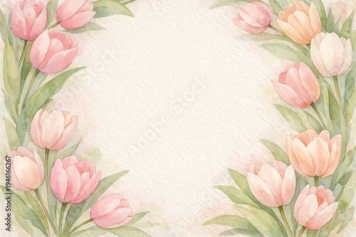 Watercolor spring flowers including pink and peach tulips with green leaves frame a blank background. concept of floral illustration, seasonal decor, nature artistry, copy space