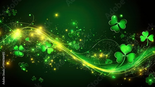 St. Patrick's Day design with glowing green shamrocks, gold sparkles, and light trails on a dark green background
