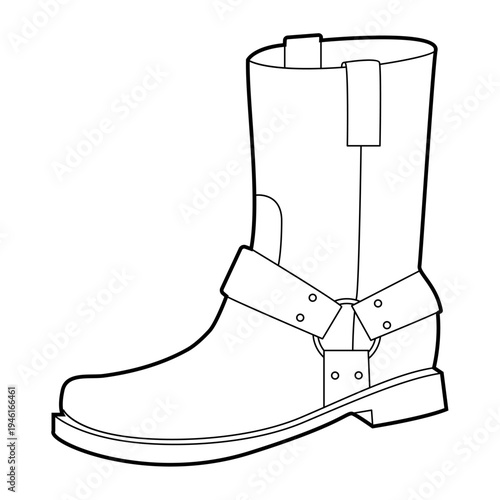 Harness western boot women single line. Strap detail ankle boot for festival day and streetwear styling. Technical fashion illustration CAD mockup clean vector man unisex isolated modern style.