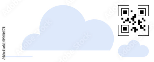 Digital security, cloud computing, online services, data access, QR codes, tech solutions. QR code beside blue cloud graphics. Digital security and cloud computing