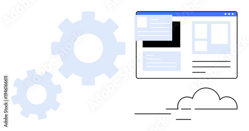 Web design, software development, cloud technology, systems integration, user interface, digital tools. Includes gear icons, a browser window and a cloud. Web design and software development concept
