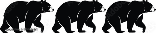 Three black grizzly bear silhouettes walking in a row side view isolated on white background vector illustration for outdoor adventure logo or pattern design