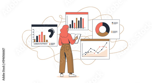 Vector illustration of woman analyzing data charts and graphs