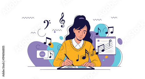Vector illustration of woman composing music with musical notes