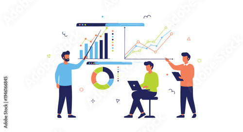 Vector illustration of 3 people analyzing business data and charts