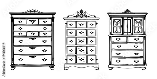 Apothecary cabinet set with detailed woodcut style illustration of a Victorian cabinet with multiple drawers featuring medicinal, glass, leather with white background and icon