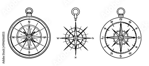 Surveyor compass icon set with minimalist line art design featuring exploration, measurement, cartography with navigation and orientation