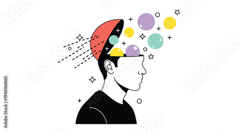 Vector illustration of man with creative thoughts and colorful brain