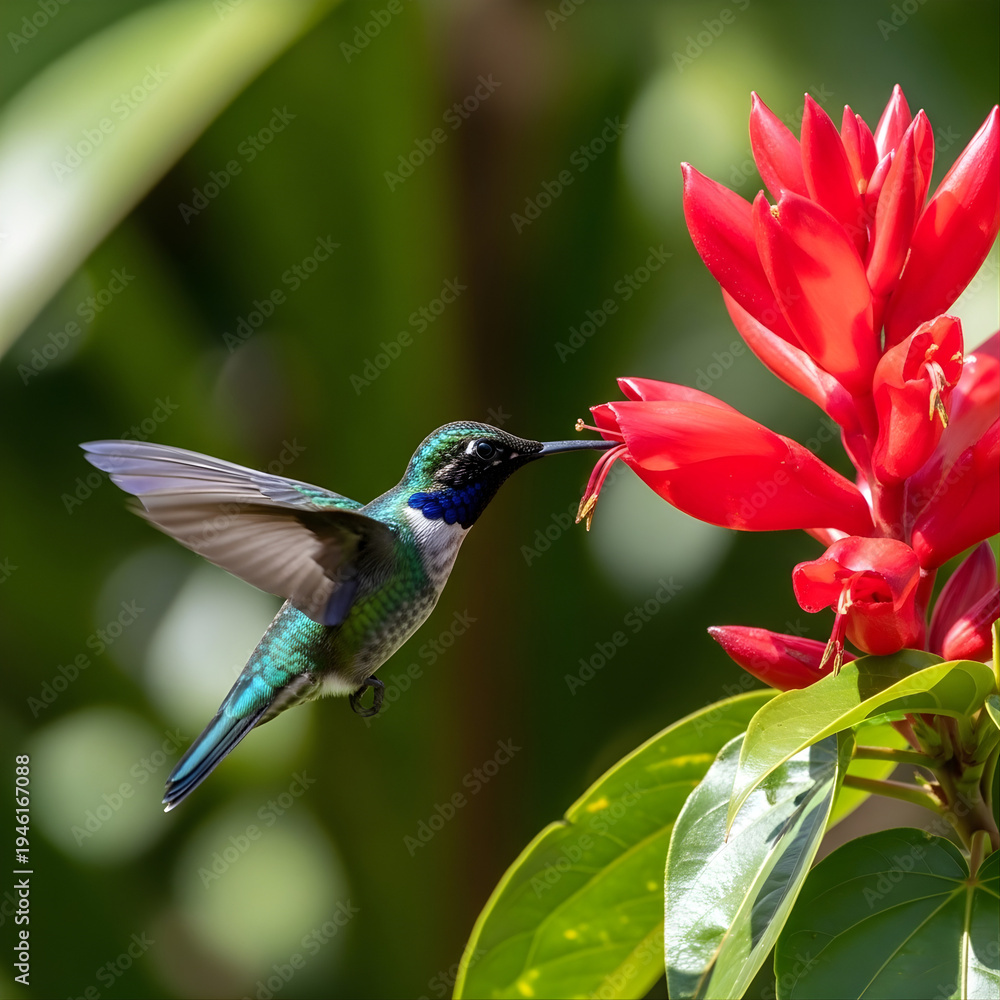 Obraz premium Hummingbird hovering mid-flight, sipping nectar from a vibrant red tropical flower. Wildlife photography capturing frozen motion, vivid green feathers, and exotic nature in perfect sharp focus.
