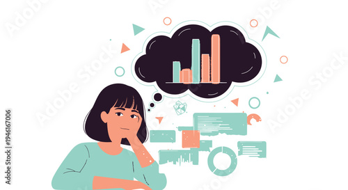 Vector illustration of woman thinking with data analysis thought bubble