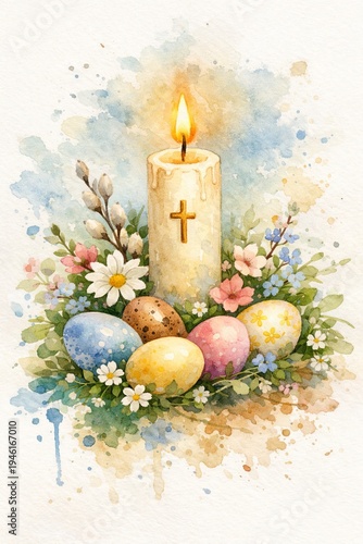 Burning candle with cross and colored eggs, flowers, pussy willow branches in watercolor style. Easter Christian holiday greeting card. Vertical