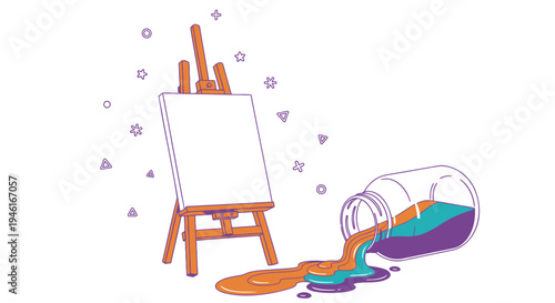 Vector illustration of paint palette and easel with colorful paint spill
