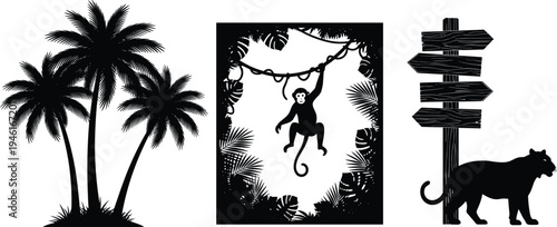Tropical jungle silhouette set with palm trees monkey hanging on vine wooden signpost and tiger isolated on white background vector illustration for safari adventure travel and nature logo design