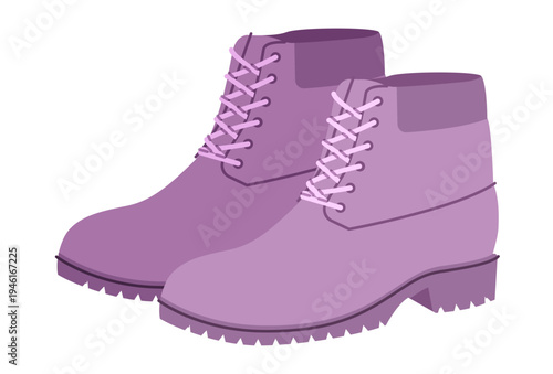 Lilac classic work boot women color pair. Lug sole lace ankle boot for city stroll concert night and casual outfit. Technical fashion illustration CAD mockup soft vector man unisex isolated style.