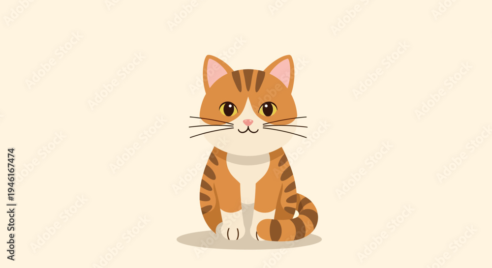 Obraz premium The cute orange tabby cat sits on a beige background looking directly at viewer.