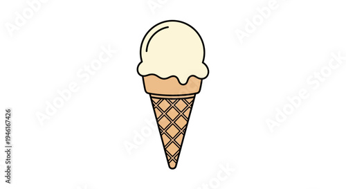 A creamy ice cream scoop sits atop a crispy waffle cone illustration.