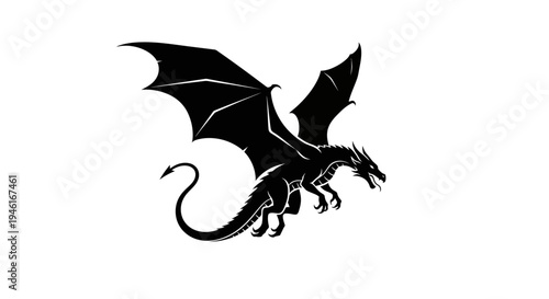 A large black dragon spreads its wings in a dark fantasy scene with mythical creatures.
