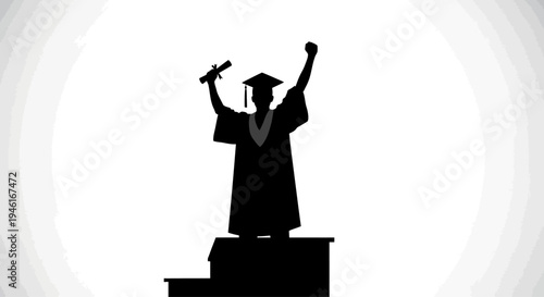 Silhouette of a triumphant graduate celebrating on a podium.