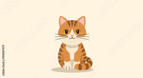 The cute orange tabby cat sits on a beige background looking directly at viewer.