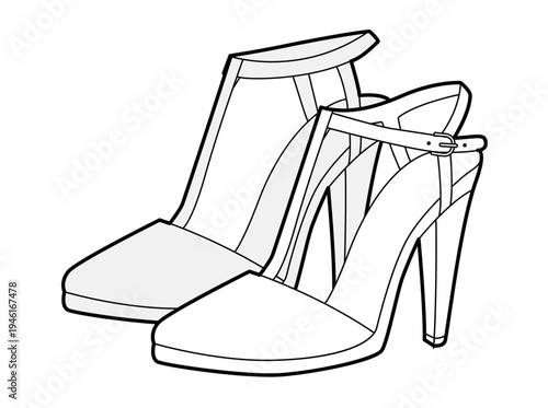 T bar pump women heel sketch pair. Strap front vintage dress footwear for party, wedding, dance, retro outfit. Technical illustration, CAD mockup, detailed vector men unisex isolated feminine style.