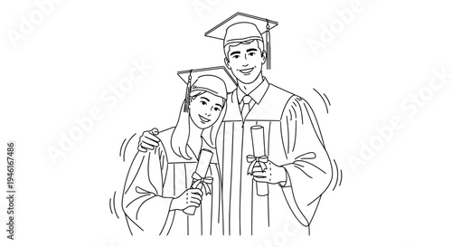 Two happy graduates in caps and gowns holding diplomas.