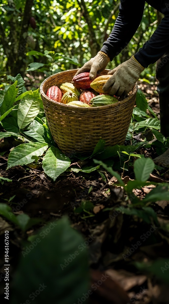 Fototapeta premium Farmer harvesting fresh cacao pods in wicker basket on plantation. Hands in gloves collecting ripe cocoa fruits among green tropical foliage for chocolate production.
