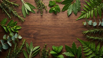 Fresh green herbs and leaves arranged as natural border frame on rustic wooden background with copy space for organic cooking and botanical design projects.