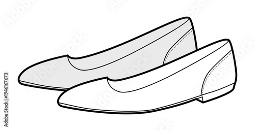 Dorsay flat shoe women sketch pair. Cut side pointed toe footwear for dressy office chic outfit. Technical fashion illustration CAD mockup detailed vector man unisex isolated elegant style.