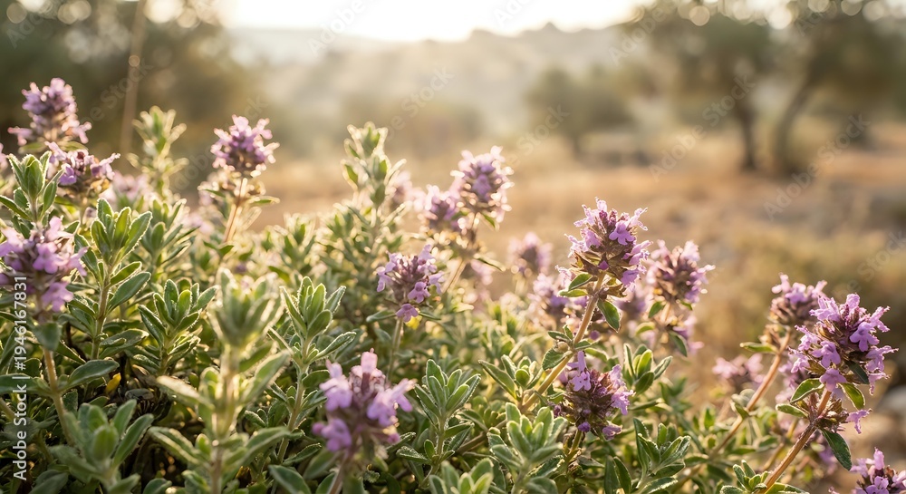 Obraz premium Wild rosemary herbs blooming with purple flowers in Mediterranean landscape during golden hour sunset light for natural wellness and aromatherapy concepts.