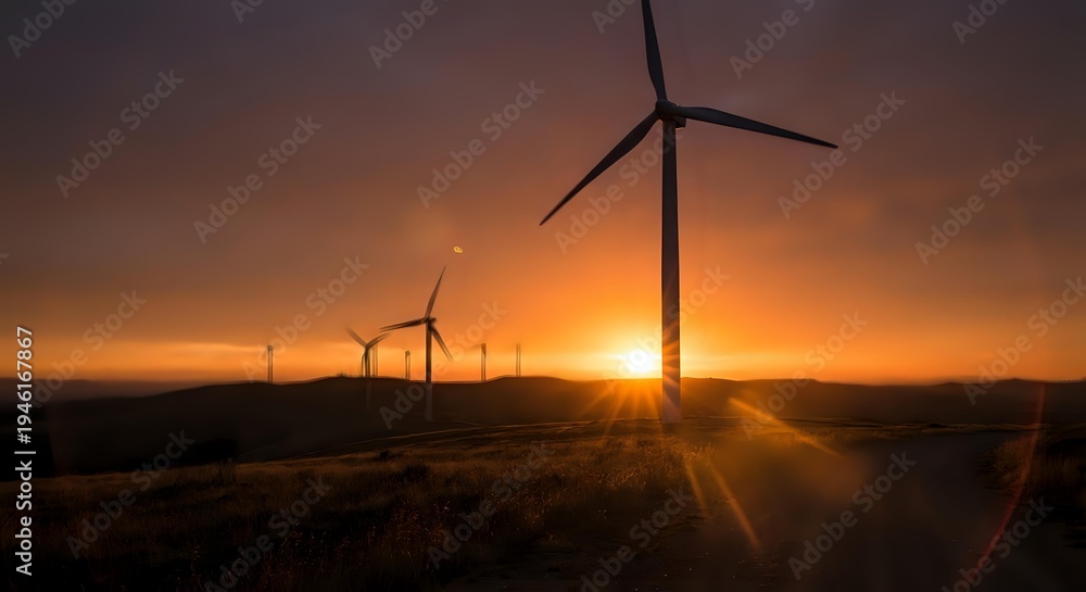 Obraz premium Wind turbines generating renewable energy at sunset with dramatic orange sky and sunburst over rural landscape for sustainable power and environmental concepts.