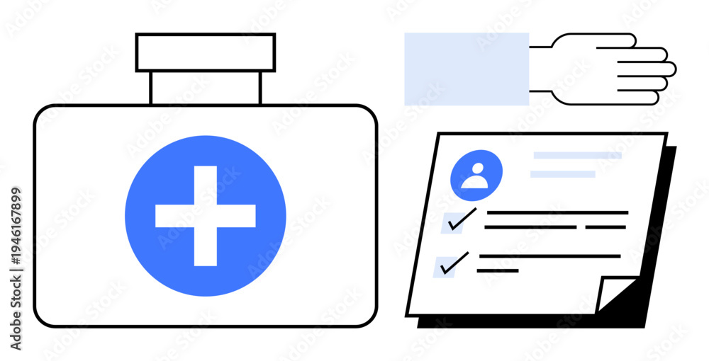 Obraz premium Medical aid kit with a cross, document with personal details and checkboxes, and an extended hand. Ideal for healthcare, aid, patient support, emergency response, medical records, insurance simple