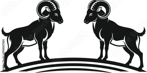 Two black ram silhouettes with curved horns facing each other on a hill isolated on white background vector illustration for strength logo design or mountain wildlife emblem