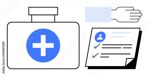 Medical aid kit with a cross, document with personal details and checkboxes, and an extended hand. Ideal for healthcare, aid, patient support, emergency response, medical records, insurance simple