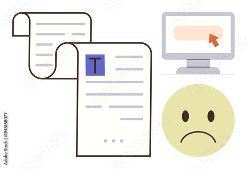 Document rejection, digital workflows, user dissatisfaction, online reviews, data submission, process errors. Papers with text, computer screen with cursor sad face icon. Document rejection