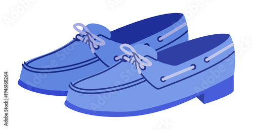 Blue boat loafer shoe women flat pair. Lace detail casual deck footwear for travel weekend seaside stroll. Technical fashion illustration CAD mockup soft vector man unisex isolated contemporary style.
