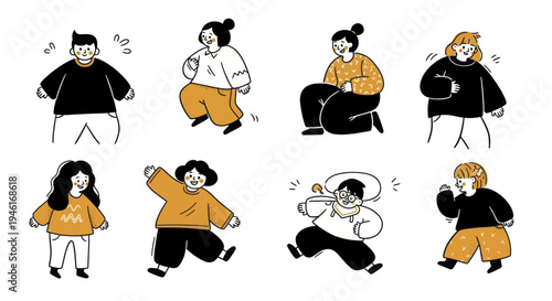 Diverse group of cartoon people with various body types and expressions.