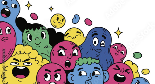 Diverse group of colorful cartoon characters expressing various emotions.