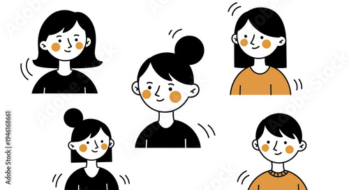 Diverse group of five cartoon people with various hairstyles and expressions.